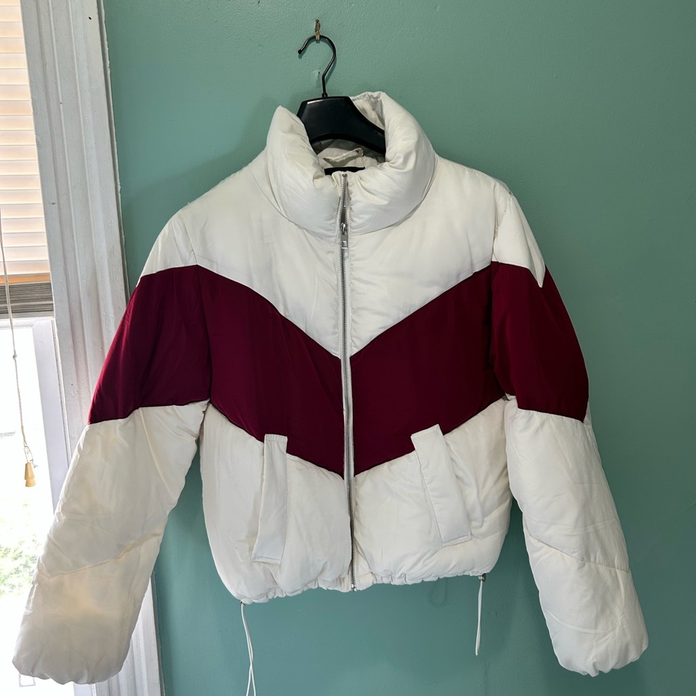 Love Tree White and Burgundy Chevron Puffer Jacket
